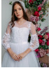 Beaded White Lace Glitter Tulle Long Flower Girl Dress